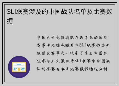SLI联赛涉及的中国战队名单及比赛数据